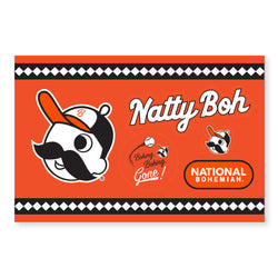 sticker sheet with Mr. Boh wearing baseball cap, "natty boh", "national bohemian" and "bohing, bohing, gone!" stickers 