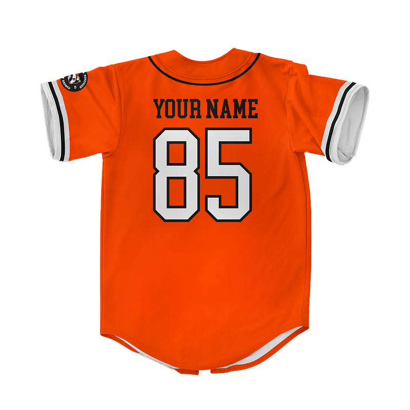 back of orange baseball jersey with "your name" at the top and number eighty five below it