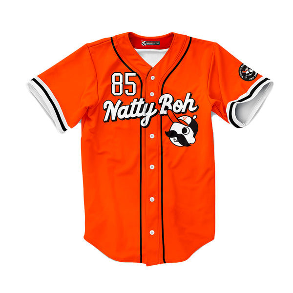 front of orange baseball jersey with number eighty five, "natty boh, and Mr. Boh wearing baseball cap on it
