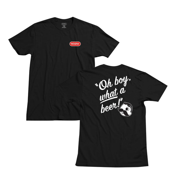 front and back of black t-shirt with "oh boy, what a beer!" and Mr. Boh below it
