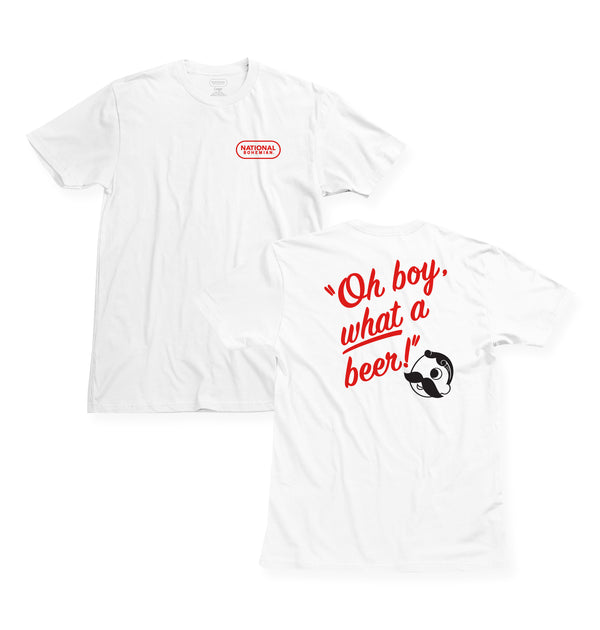 front and back of white t-shirt with "oh boy, what a beer!" and Mr. Boh below it