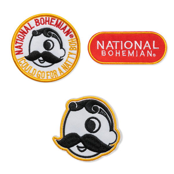 three patches with national bohemian logo, Mr. Bohs face, and "national bohemian I could go for a natty boh" patches