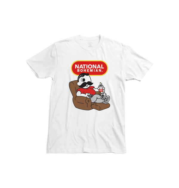 front of white t-shirt with national bohemian logo and Mr.Boh in a chair holding beer below it