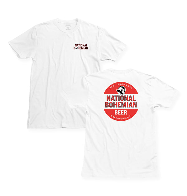 front and back of white t-shirt with Mr. Bohs face and "national bohemian beer" below it