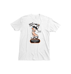front of white short sleeved t-shirt with "boh's a hit!" and Mr. Boh dressed as a baseball player on it