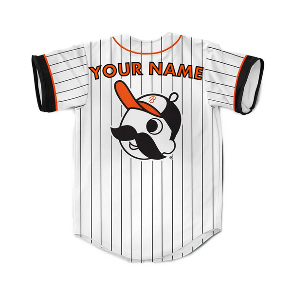 back of baseball jersey with "your name" across the top and Mr. Boh wearing baseball cap below it