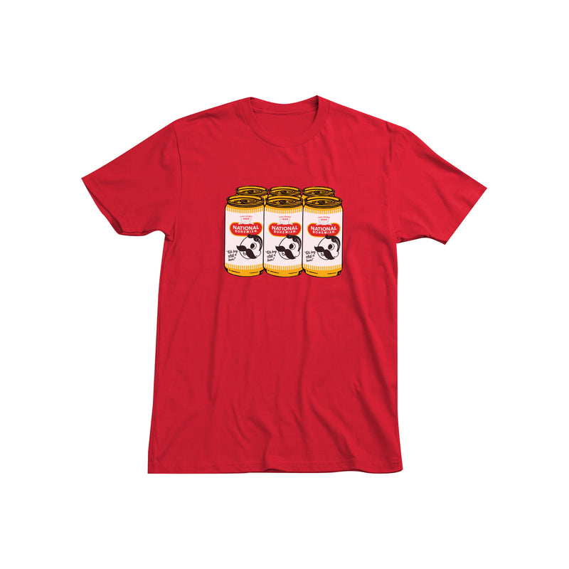 front of red t-shirt with 6 pack of national bohemian beer on it