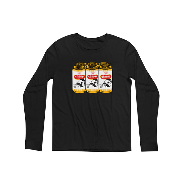 front of black long sleeve with 6 pack of national bohemian beer on it