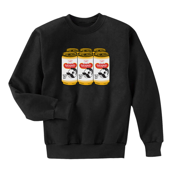 front of black crewneck with 6 pack of national bohemian beer on it