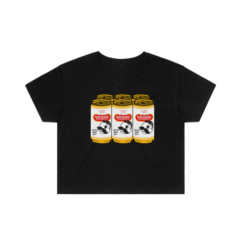 front of women's black crop tee with 6 pack of national bohemian beer on it
