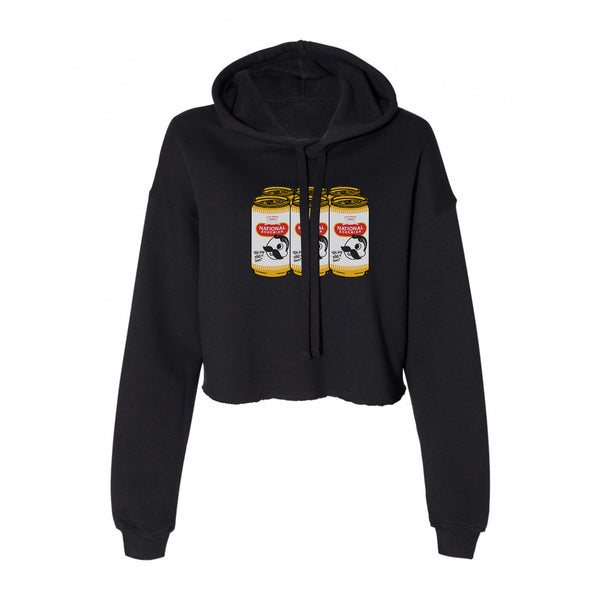 front of black cropped hoodie with 6 pack of national bohemian beer on it