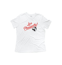 front white womens t-shirt with "live pleasantly!" and Mr. Boh on it