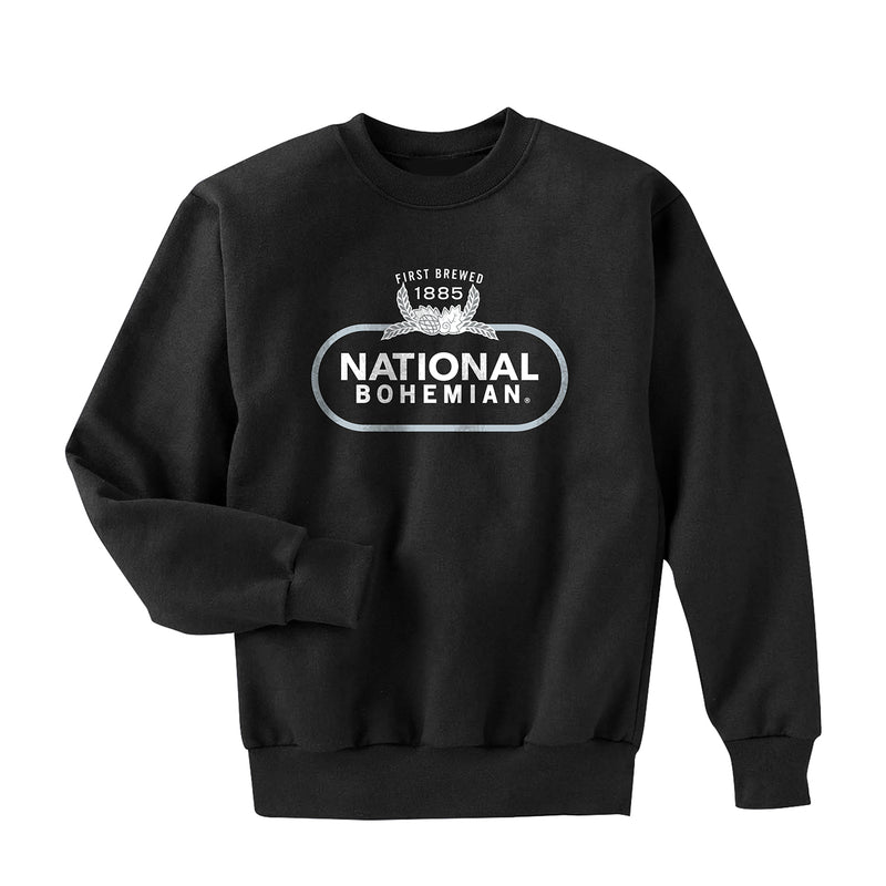 front of black crewneck with "first brewed 1885 national bohemian" in white